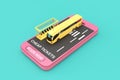 Big Yellow Coach Tour Bus with Bus Station over Mobile Phone with Cheap Tickets Sign and Book Now Button. 3d Rendering Royalty Free Stock Photo