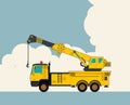 Big yellow crane, sky with clouds in background. Vintage color stylization.