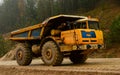 Big yellow diesel quarry dumper at work. Heavy mining truck transporting sand and clay.