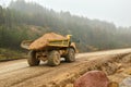 Big yellow diesel quarry dumper at work. Heavy mining truck transporting sand and clay. Royalty Free Stock Photo