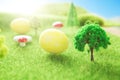 Big yellow easter egg on grass background in Dreamland or fairy world.. Royalty Free Stock Photo