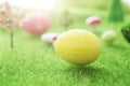 Big yellow easter egg on grass background in Dreamland or fairy world.. Royalty Free Stock Photo