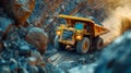 Big yellow mining truck operating in open pit coal mine quarry for extractive industry