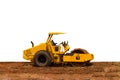 Big yellow road single drum roller compactor machine isolated on white background. Construction and renovation concept.