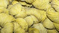 Big yellow skeins of thread. Set of colorful wool yarn balls. Closeup photo Royalty Free Stock Photo