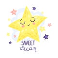 Big yellow star is sleeping. Vector illustration on a white background.