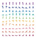 Big yoga poses asanas icons set. Rainbow colors. All asanas. 100 poses. Royalty Free Stock Photo