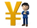 A big yuan currency symbol and next to it, a male Asian business man