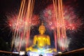 The bigest Buddha with firework in Thailand Royalty Free Stock Photo