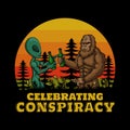 Bigfoot and alien celebrating drink retro vector illustration