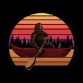 Bigfoot canoe sunset retro vector illustration Royalty Free Stock Photo