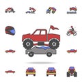 bigfoot car crushes cars field coloricon. Detailed set of color big foot car icons. Premium graphic design. One of the collection