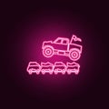 Bigfoot car jumping through cars neon icon. Elements of bigfoot car set. Simple icon for websites, web design, mobile app, info