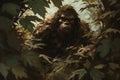 A Bigfoot creature hiding behind leaves peaking out. Sasquatch hidden in camouflage Royalty Free Stock Photo