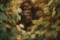 A Bigfoot creature hiding behind leaves peaking out. Sasquatch hidden in camouflage