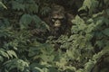 A Bigfoot creature hiding behind leaves peaking out. Sasquatch hidden in camouflage