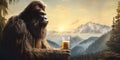 Bigfoot drinking a cold craft beer with scenic view