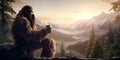 Bigfoot drinking a hot cup of coffee with scenic mountain view Royalty Free Stock Photo