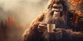 Bigfoot drinking a hot cup of coffee with scenic mountain view