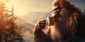 Bigfoot drinking a hot cup of coffee with scenic mountain view
