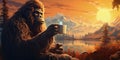 Bigfoot drinking a hot cup of coffee with scenic mountain view