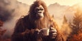 Bigfoot drinking a hot cup of coffee with scenic mountain view