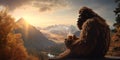 Bigfoot drinking a hot cup of coffee with scenic mountain view