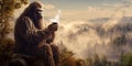 Bigfoot drinking a hot cup of coffee with scenic mountain view