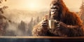 Bigfoot drinking a hot cup of coffee with scenic mountain view