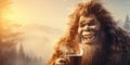 Bigfoot drinking a hot cup of coffee with scenic mountain view