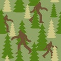Bigfoot in forest military pattern. Yeti clothing texture. Army background. sasquatch Protective soldier ornament. Vector