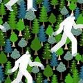 Bigfoot in forest pattern seamless. Yeti and trees background. Abominable snowman ornament. sasquatch texture