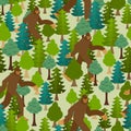 Bigfoot in forest pattern seamless. Yeti and trees background. Abominable snowman ornament. sasquatch texture Royalty Free Stock Photo