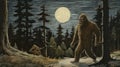 Bigfoot Haunted By The Moon: A Stunning Ethereal Illustration