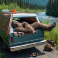 Bigfoot lounging in pickup truck by forest river