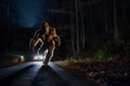 bigfoot running along interstate forest road at night in light of car headlights, neural network generated