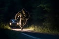 bigfoot running along interstate forest road at night in light of car headlights, neural network generated
