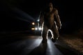 bigfoot running along interstate forest road at night in light of car headlights, neural network generated