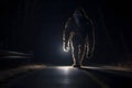 bigfoot running along interstate forest road at night in light of car headlights, neural network generated photorealistic image