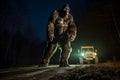 bigfoot running along interstate forest road at night in light of car headlights, neural network generated photorealistic image