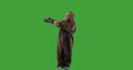 Bigfoot or Sasquatch looking and gesturing left on green screen