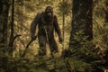 mysterious bigfoot sighting in the deep forest, generative AI illustration Royalty Free Stock Photo