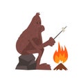 Bigfoot sitting on stone near campfire and roasting marshmallow, mythical creature cartoon character vector Illustration