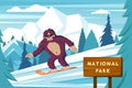 bigfoot skiing. cartoon biology ancient gorilla yeti in winter skiing in the himalaya mountains, neanderthal bigfoot