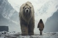 Bigfoot Yeti walking with human in tibet himalaya mountains background Generative AI