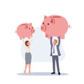 bigger fund concept. Businessman with bigger piggy bank compare with business woman. Vector illustration