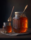 Bigger and smaller jars filled with fresh honey. Wooden spoons are in the jars. Close up. Generative AI