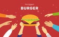 The biggest burger concept vector illustration of happy people want to have tasty burgers