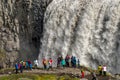 Biggest and most powerful waterfall in Europe called Dettifoss in Iceland, near lake Myvatn, summer, closeup