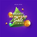 Biggest New Year Sale Poster Design With Xmas Tree Decorated By Lighting Garland And 3D Baubles On Purple